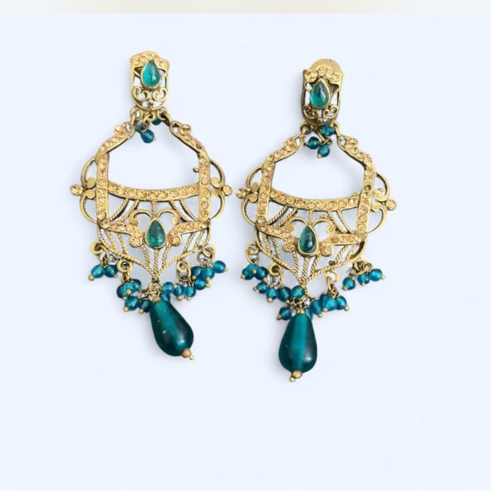 Elegant Gold and Teal Chandelier Earrings